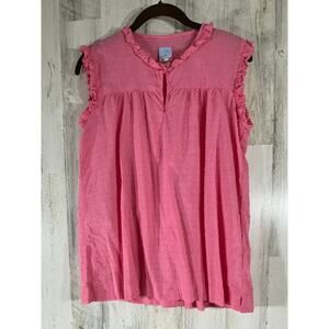 Bella Bliss‎ Womens Top Size Large Pink Swiss Dot Ruffled Neck Sleeve Semi-sheer